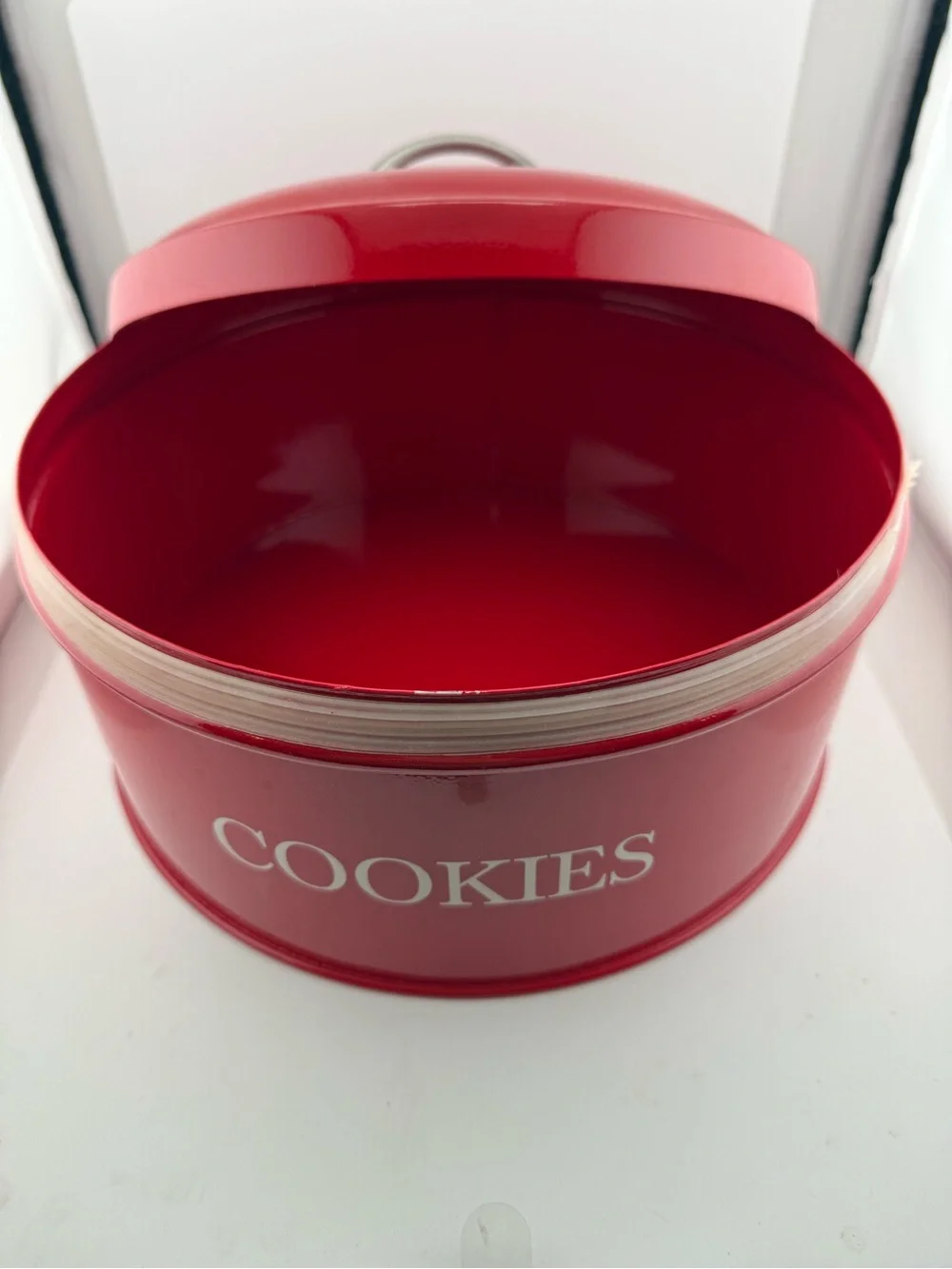 Large Red Metal Cookie Jar Canister w/ Lid Silver Handle Airtight Retro Kitchen